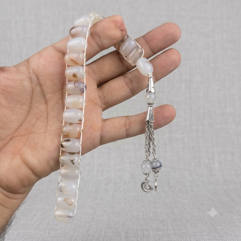 Translucent Milky White Aqeeq Stone Tasbeeh Turkish Style ,with natural Inclusions, 12mm/21 Beads Natural Gem-stone