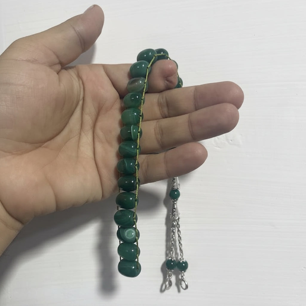 Green Aqeeq Stone Tasbeeh Turkish Style ,with natural bands , 12mm/21 Beads