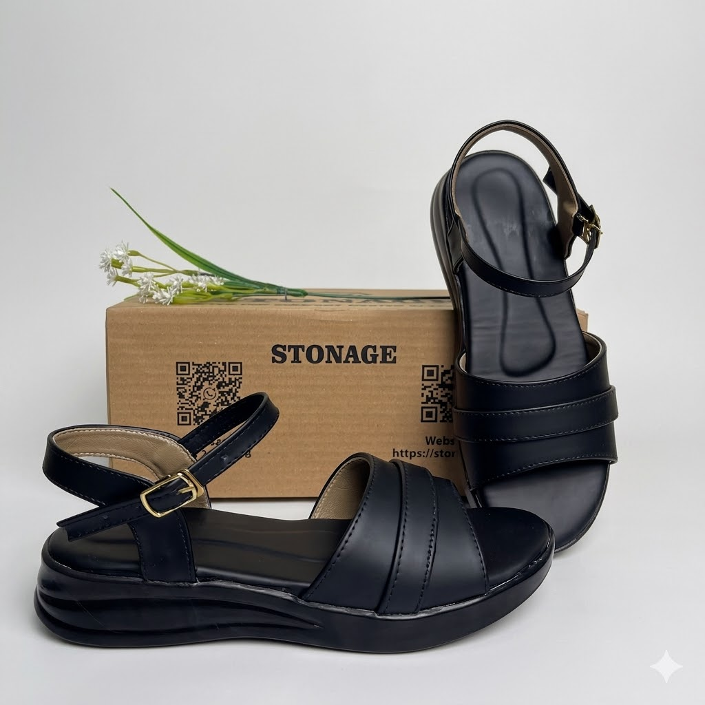 Stonage Exclusive, Ladies Hand made , Soft , Lightweight & Flat, Leather Sandals, Black Color