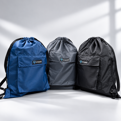 Pack of 3 | Family Value Pack | STONAGE Premium Double-Lined Drawstring Bags — (Blue+Grey+Black)