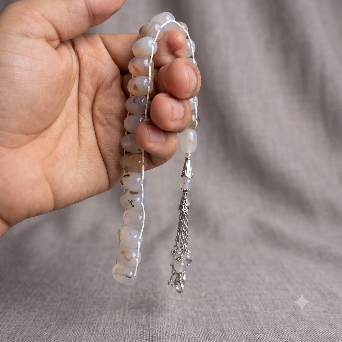 Translucent Milky White Aqeeq Stone Tasbeeh Turkish Style  ,with natural Inclusions,  12mm/21 Beads