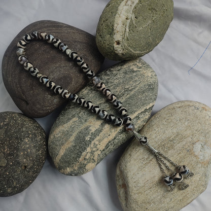 Vintage Afghanistan Black and  Greenish  Circled Aqeeq Stone Premium Tasbeeh  10mm/33 Beads