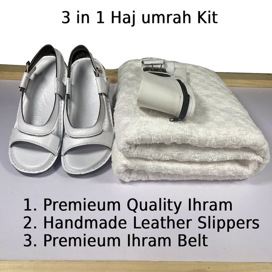 3 in 1, Hajj & Umrah Essentials –( Premium Ihram + Comfort Slipper + Ihram Belt )