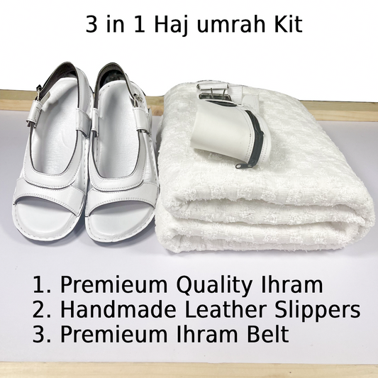 3 in 1, Hajj & Umrah Essentials –( Premium Ihram + Comfort Slipper + Ihram Belt )
