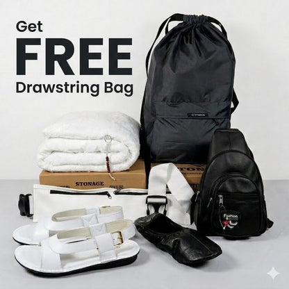 Get Free Drawstring Bag (Of Rs-1,500/-)  with 7 in 1 Hajj & Umrah Essentials – One Complete kit.