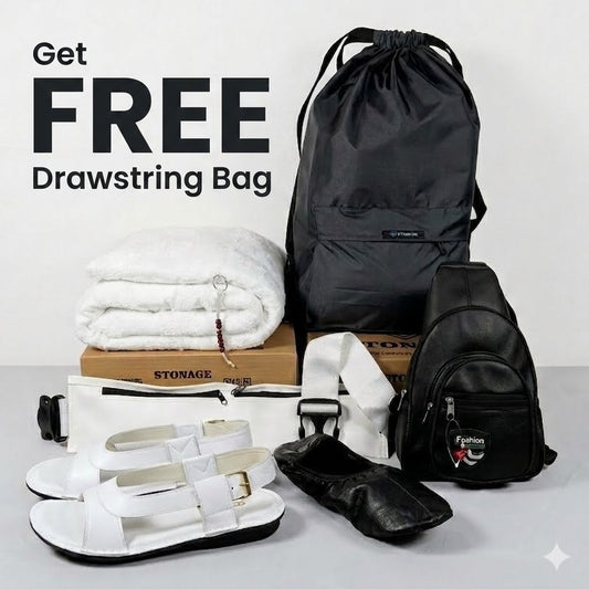 Get Free Drawstring Bag with 7 in 1 Hajj & Umrah Essentials – One Complete kit.