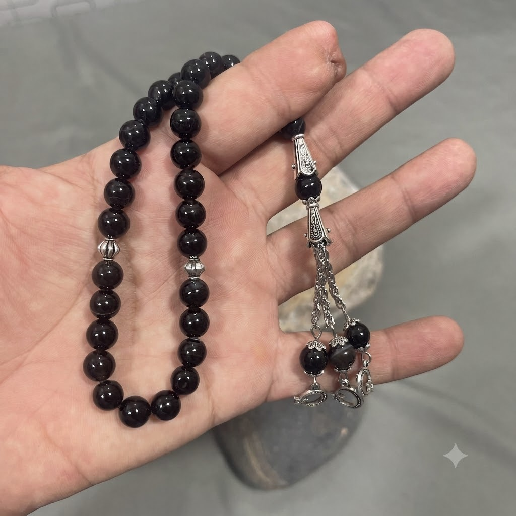 Azadi Sale - Black Aqeeq Stone Tasbih 8 mm Size / 33 Beads, Natural Original Gem-stone