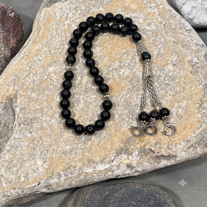 Azadi Sale - Black Aqeeq Stone Tasbih 8 mm Size / 33 Beads, Natural Original Gem-stone