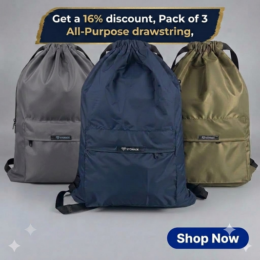 Pack of Three Drawstring Bags – , Waterproof, All-Purpose for Hajj Umrah College/Uni , Gym & Daily Use ( Color Blue + Olive Green + Grey )