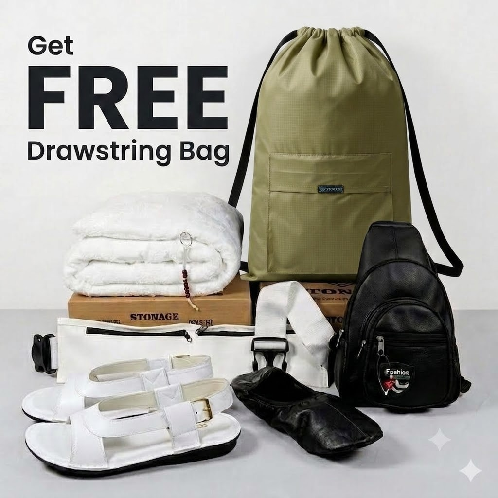 Get Free Drawstring Bag (Of Rs-1,500/-)  with 7 in 1 Hajj & Umrah Essentials – One Complete kit.