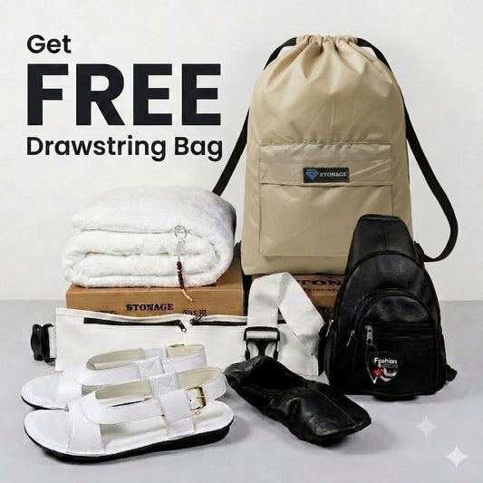 Get Free Drawstring Bag (Of Rs-1,500/-)  with 7 in 1 Hajj & Umrah Essentials – One Complete kit.