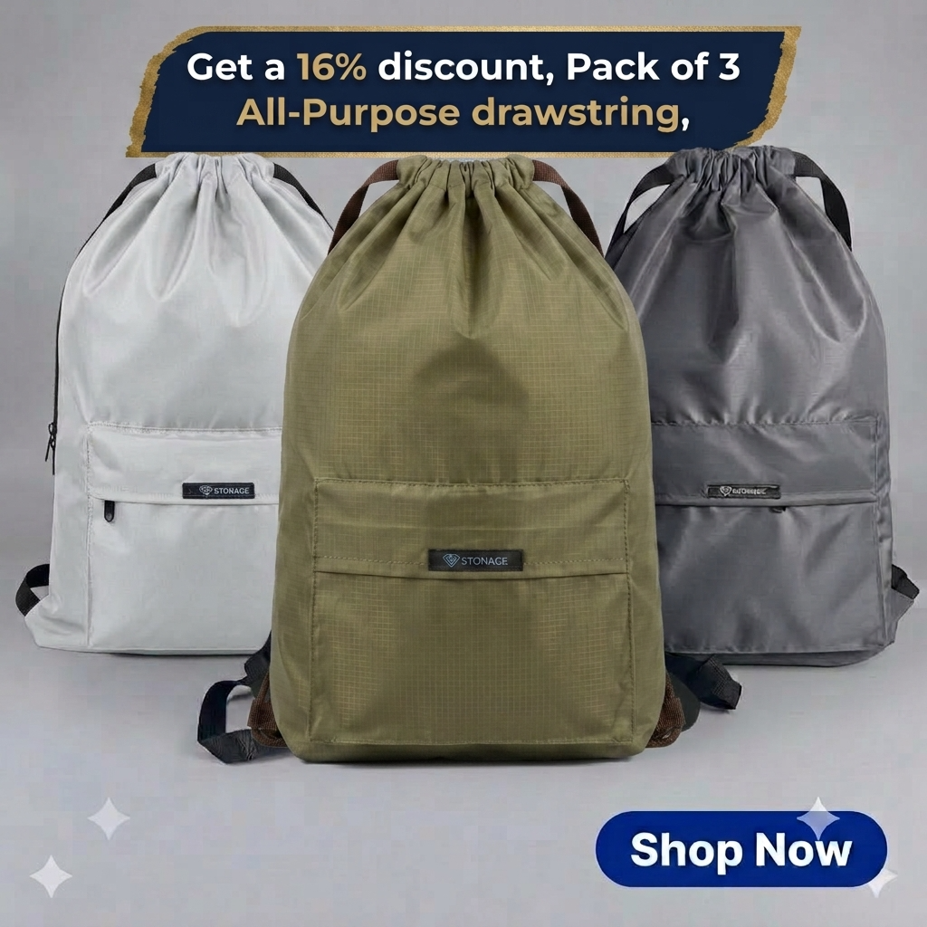 Three (3) Drawstring Bags – , Waterproof, All-Purpose for Hajj Umrah College/Uni , Gym & Daily Use ( Light Grey  + Olive Green + Dark Grey )