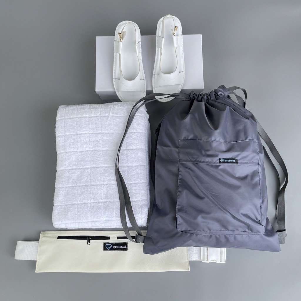 4 in 1, Hajj & Umrah Essentials –( Pure Cotton Full Towel Ihram + Ihram Slipper + Ihram Belt+ Bag )