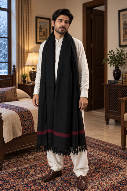 Stonage Swati Black Beauty — Handmade Pure Wool Shawl with Maroon Border