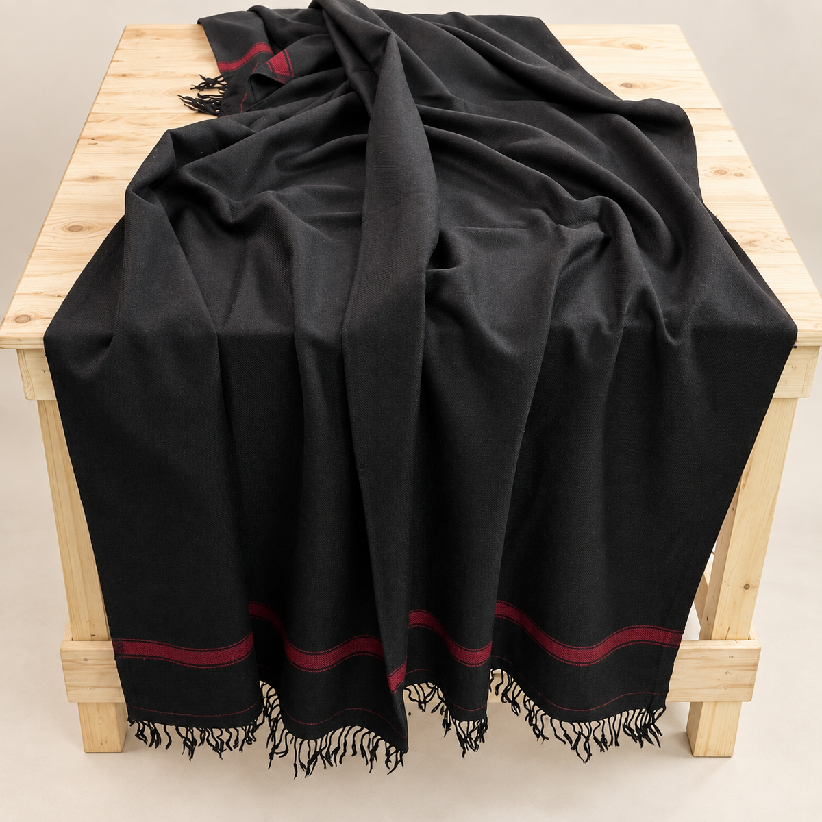 Stonage Swati Black Beauty — Handmade Pure Wool Shawl with Maroon Border