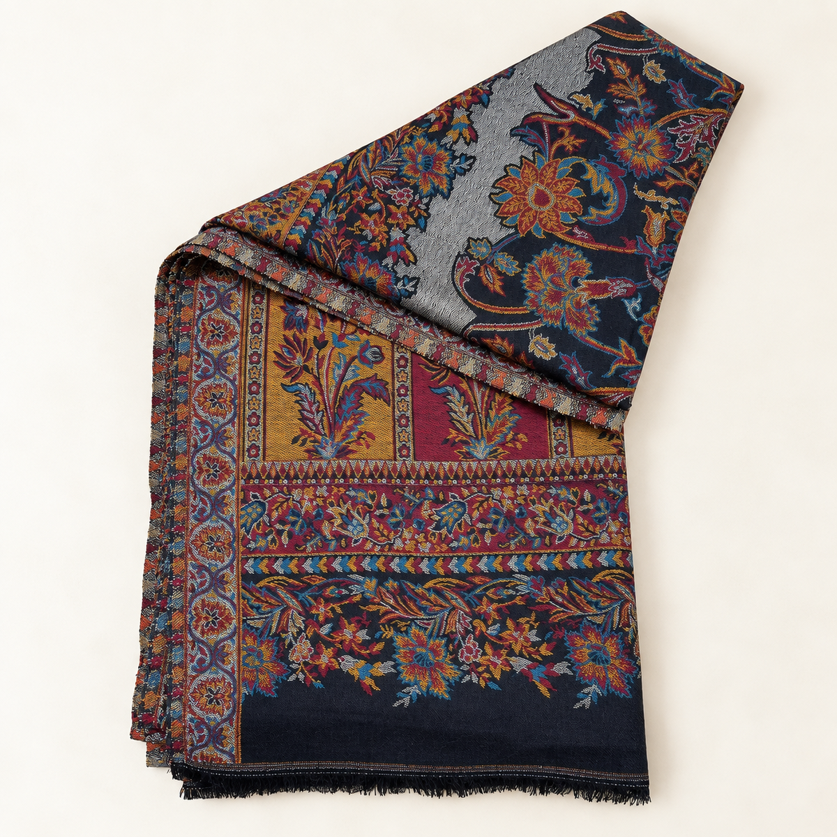 Moon Light — Kani Handmade Kashmiri Pure Wool Shawl  Black (LKS-08)