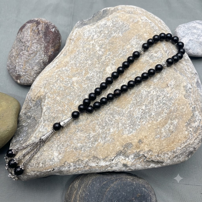 Azadi Sale - Black Aqeeq Stone Tasbih 8 mm Size / 33 Beads, Natural Original Gem-stone