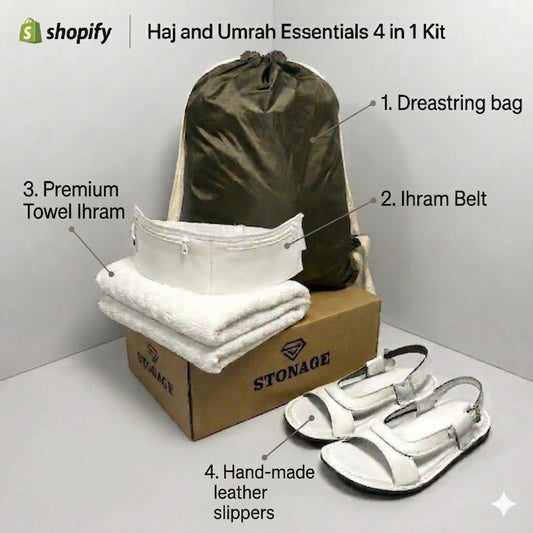 4 in 1, Hajj & Umrah Essentials –( Premium Ihram + Comfort Slipper + Ihram Belt+ Bag )