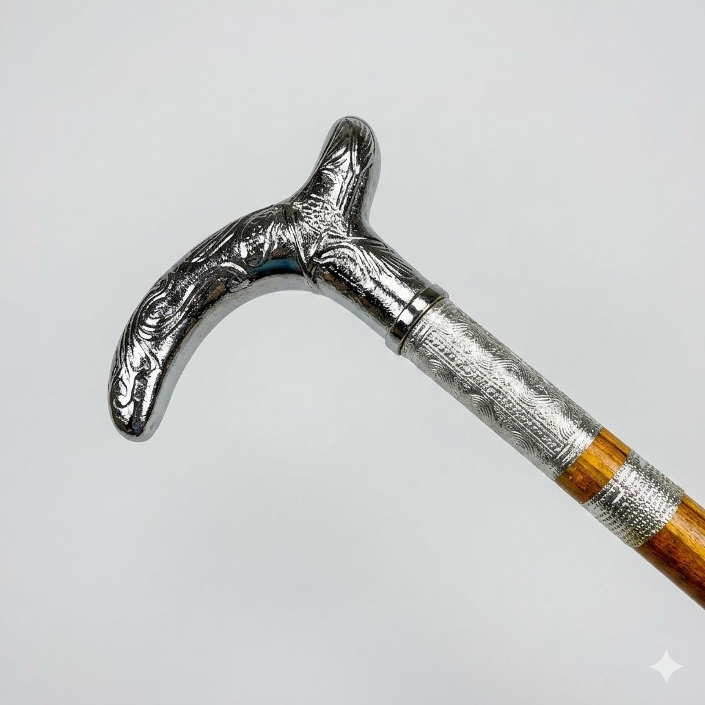 Handmade Royal Brass & Wood Walking Cane – Vintage Silver Handle
